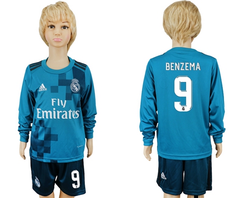 Real Madrid #9 Benzama Sec Away Long Sleeves Kid Soccer Club Jersey